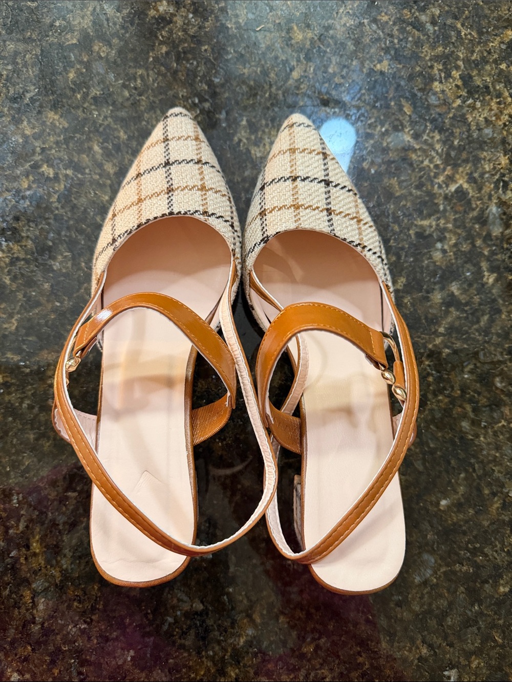 Pointed Toe Plaid Slingback Flats in Tan & Brown - Lightly Used